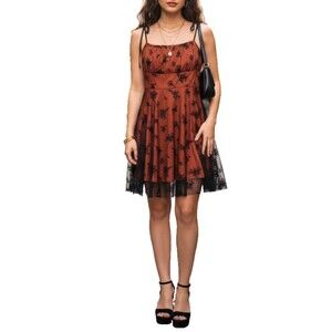 Dark Romantic Y2K Black Sheer Floral Dress L Orange Sleevless Stretch Adjustable